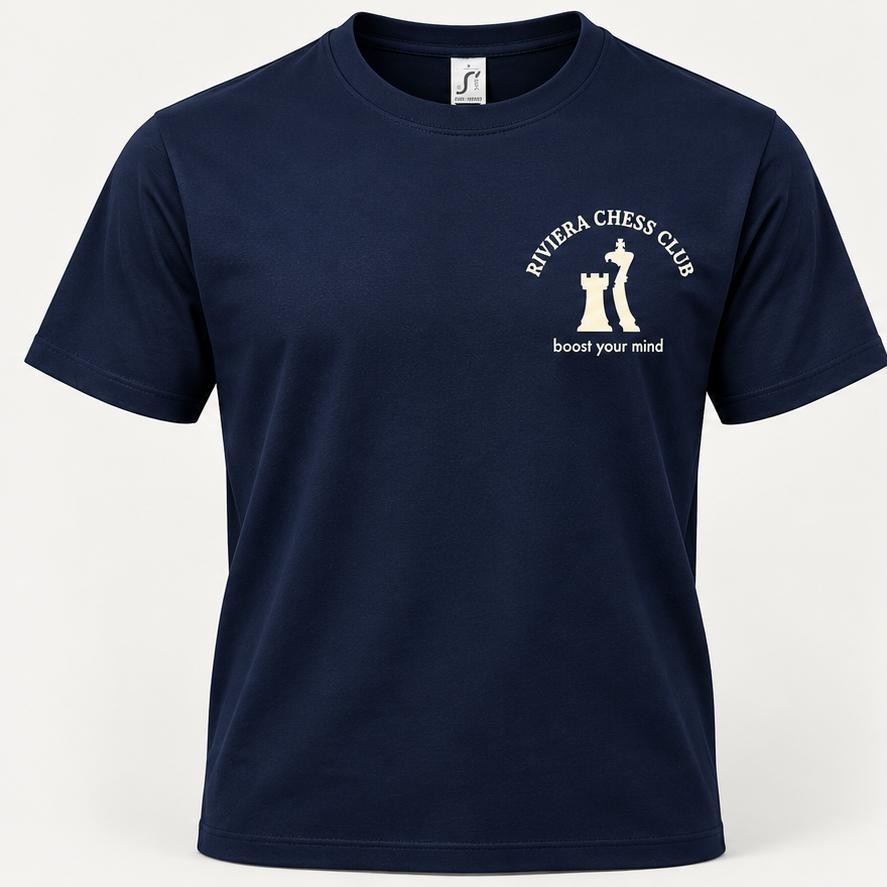 T-shirt bleu marine, logo Riviera Chess Club brodé côté poitrine